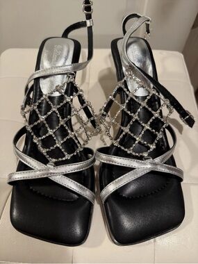 Macy's Black and Silver Rhinestone Lattice Slingback Heels